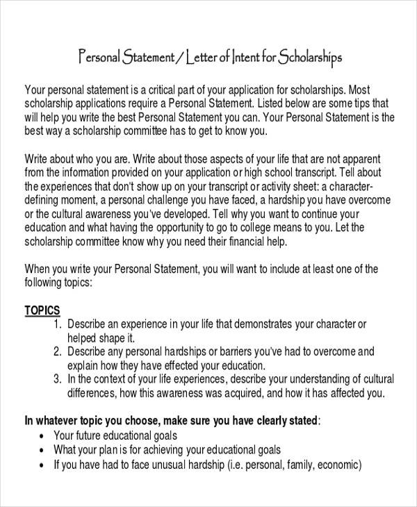 personal statement of intent examples