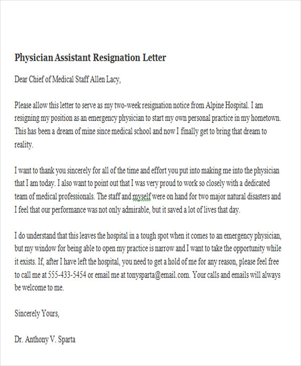 physician assistant resignation letter