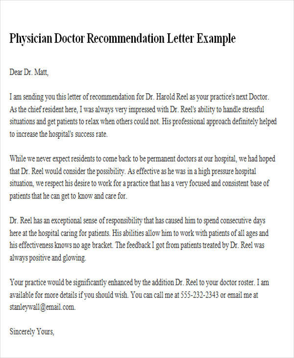 Free Sample Physician Recommendation Letter Templates In Ms Word Pdf Google Docs Pages