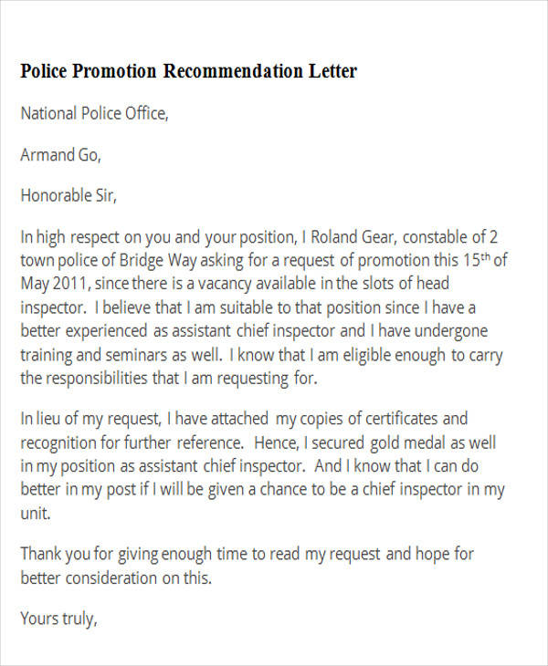 police promotion recommendation letter