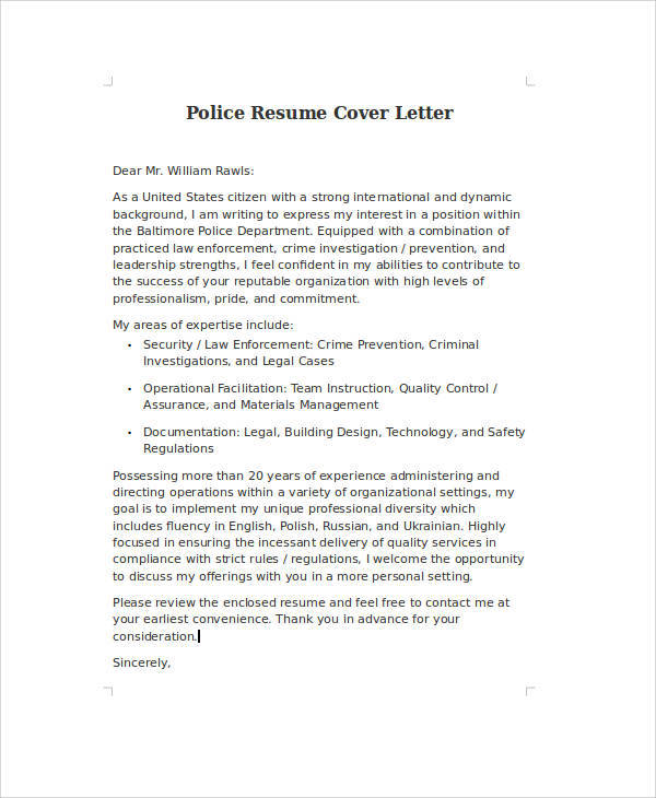 sample cover letter for resume police officer