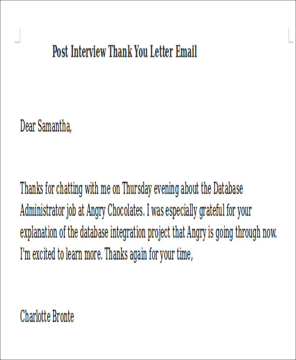 Interview Thank You Letter Subject Collection Letter Template   Post Interview Thank You Letter Email 