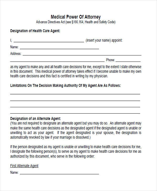 power of attorney medical authorization form