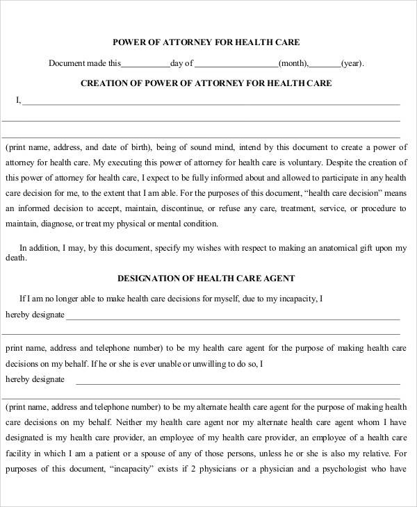 power of attorney medical form sample