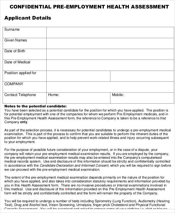 pre employment medical assessment form