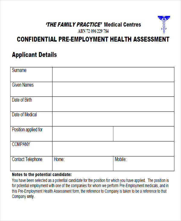 pre employment medical assessment form1