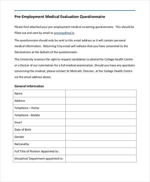 pre employment medical evaluation form