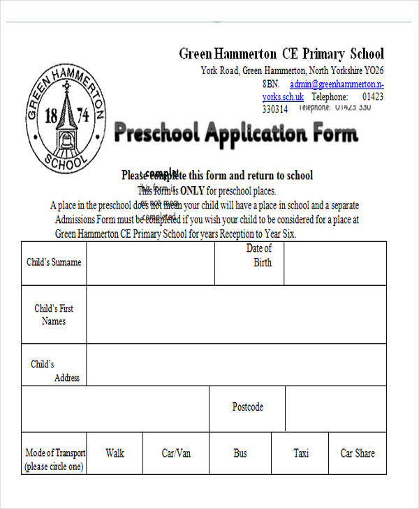 pre school application form