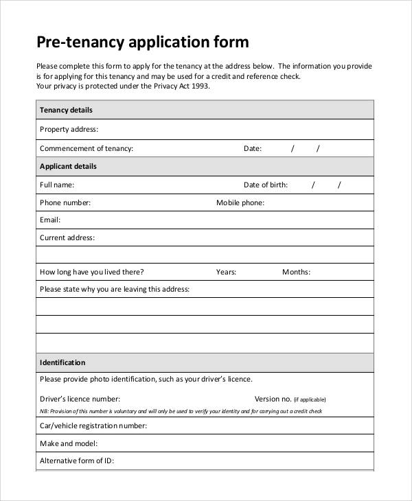pre tenancy application form