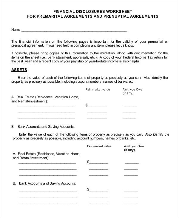 prenuptial agreement financial disclosure form