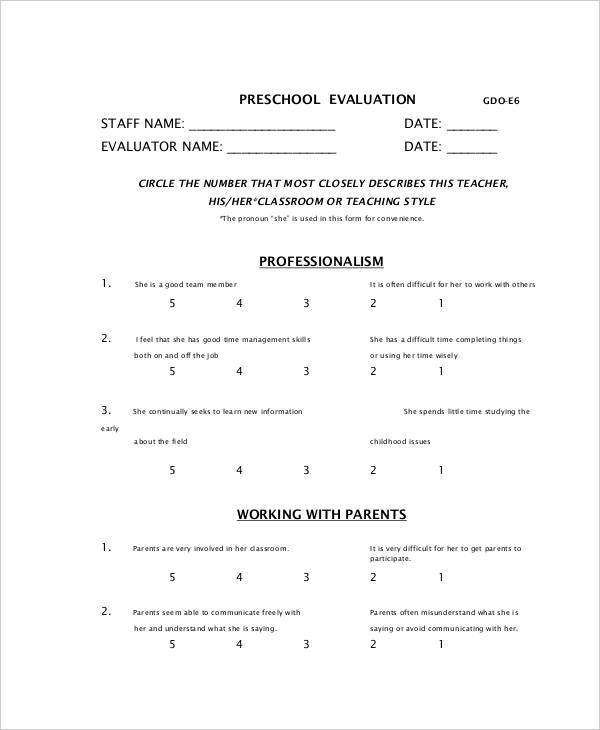 preschool staff appraisal form