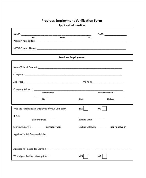 previous employment verification form