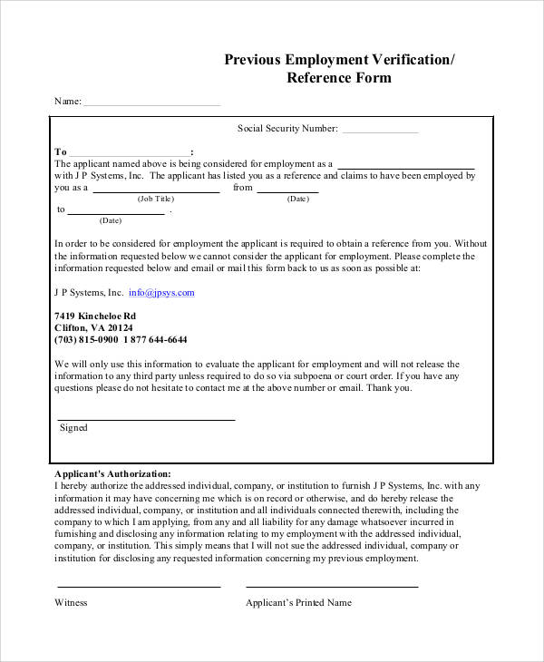 previous employment verification reference form