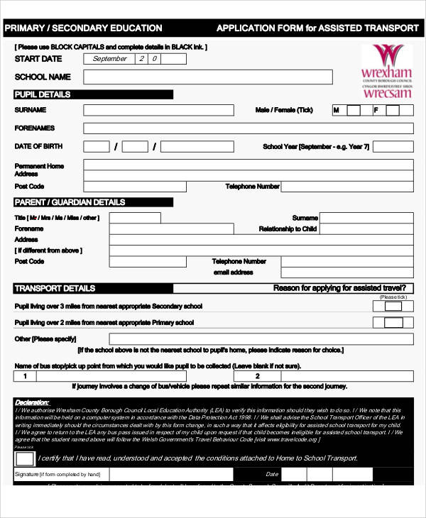 primary education application form