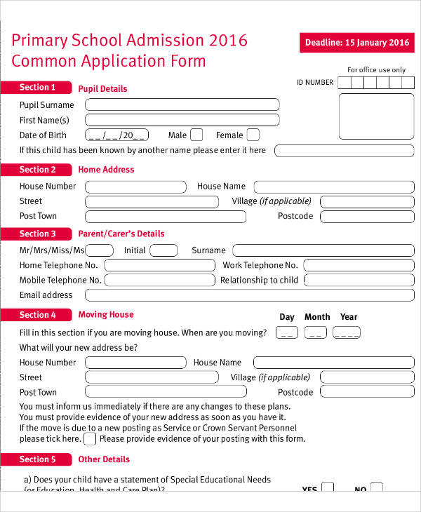 primary school application form