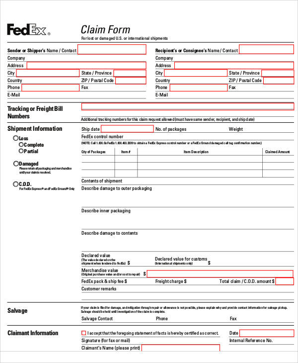 printable fedex claim form
