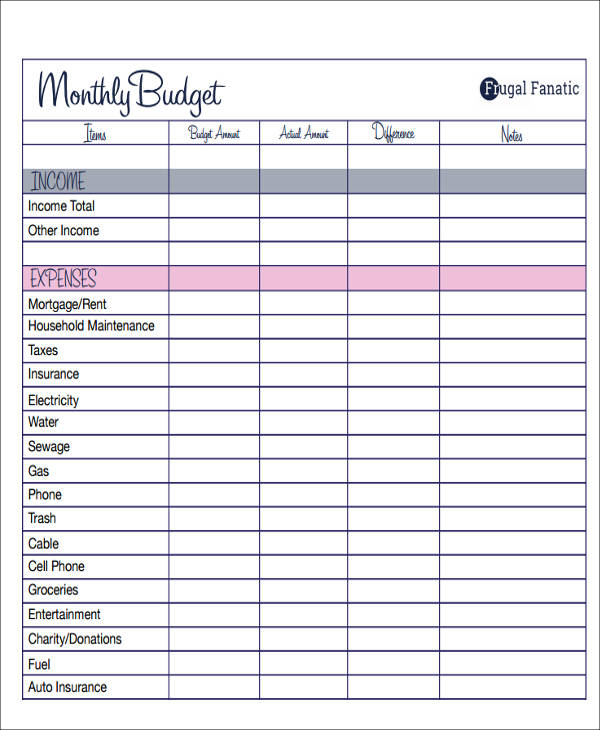 printable monthly budget form