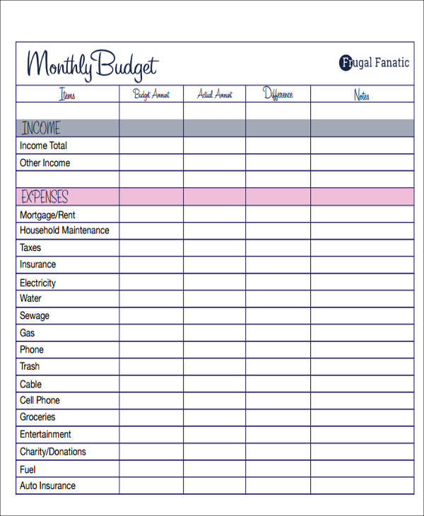 household budget template printable free