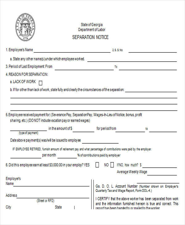 printable separation notice form