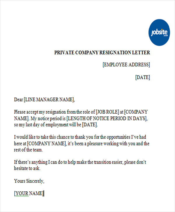 private company resignation letter