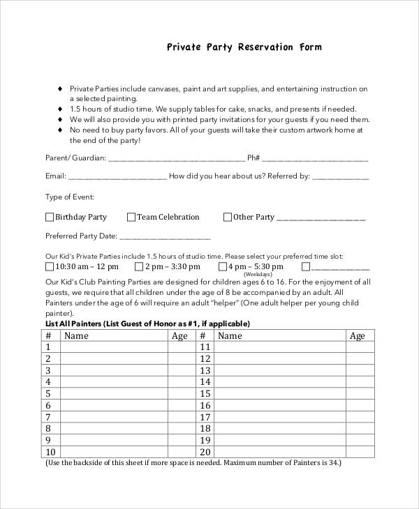 private party reservation form in pdf