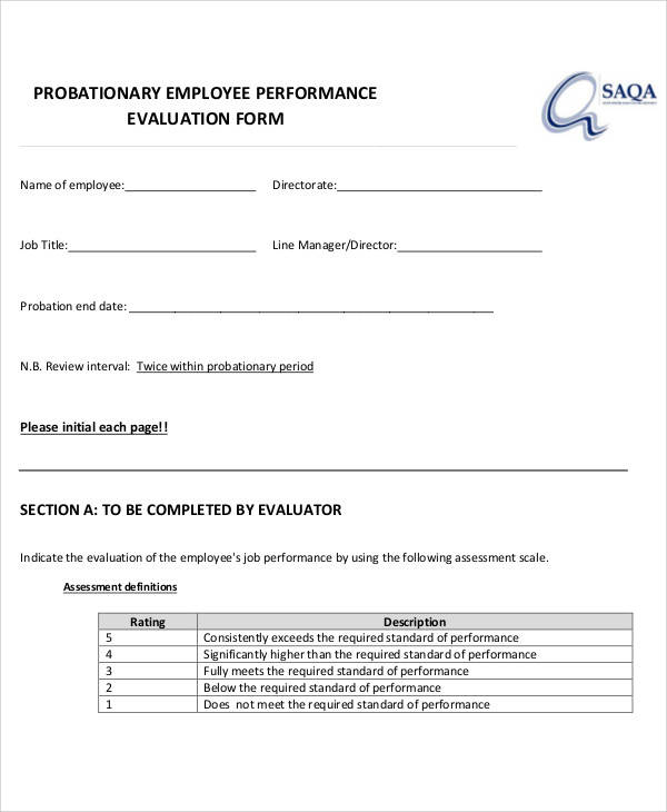 probationary employee performance evaluation form