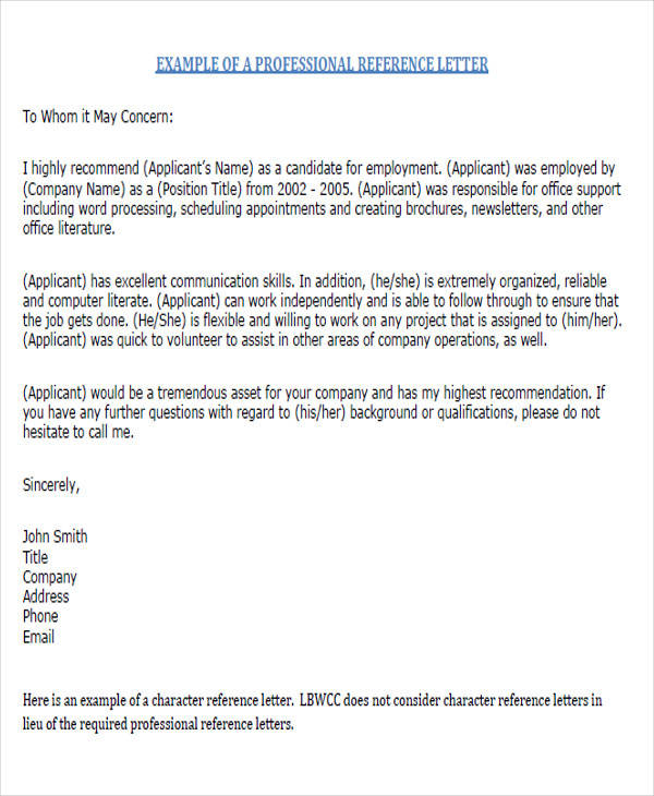 Work Reference Letter Format