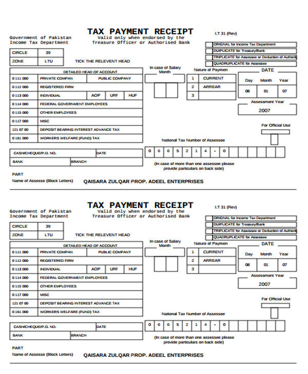 receipts for tax