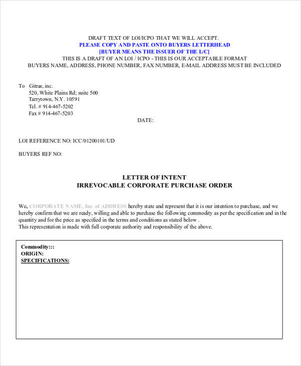 purchase order letter of intent