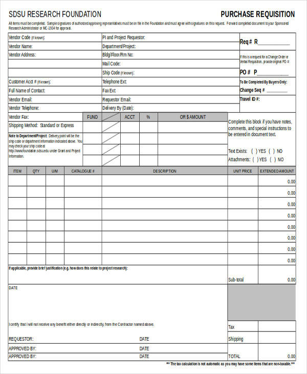 purchase requisition standard form
