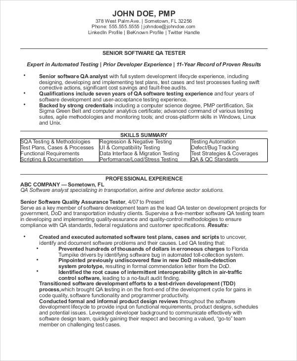FREE 9+ Sample Quality Assurance Resume Templates in MS ...