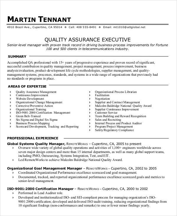 resume template for quality assurance manager