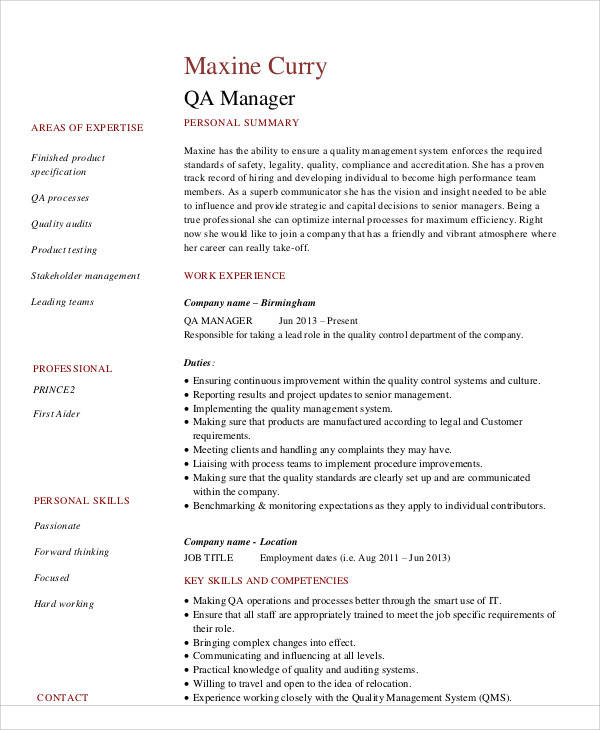 resume example quality manager