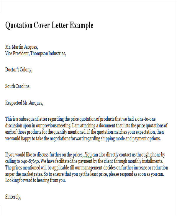 cover letter with quotation