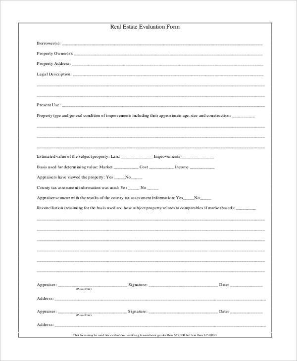 real estate appraisal form sample