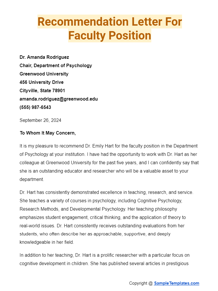 recommendation letter for faculty position