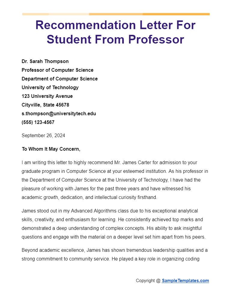 recommendation letter for student from professor