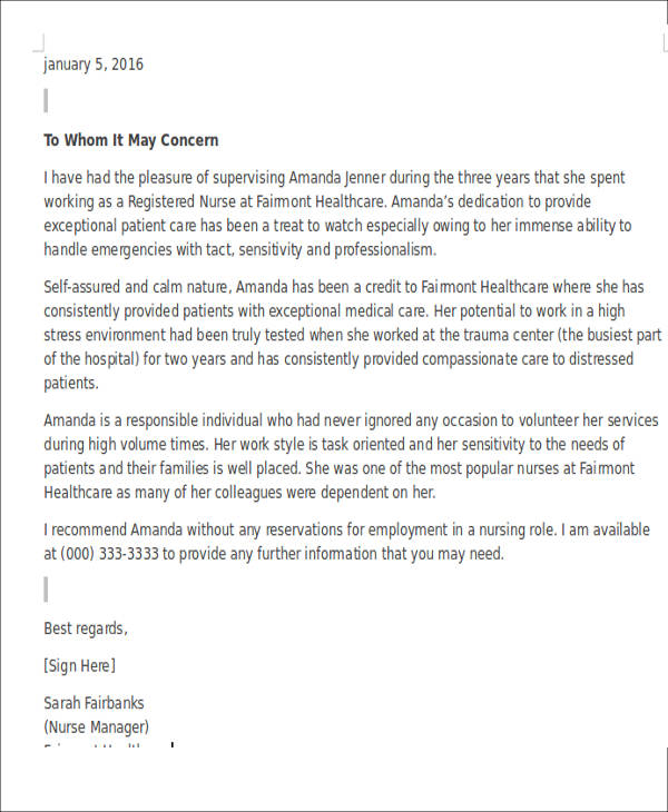 reference letter for nursing student