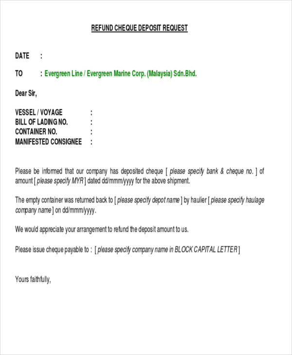 refund cheque request letter