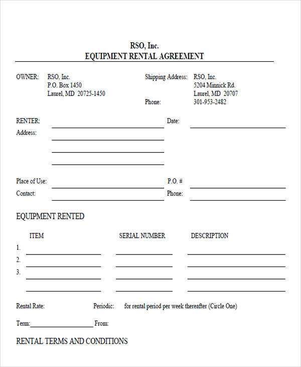 rent to equipment contract sample