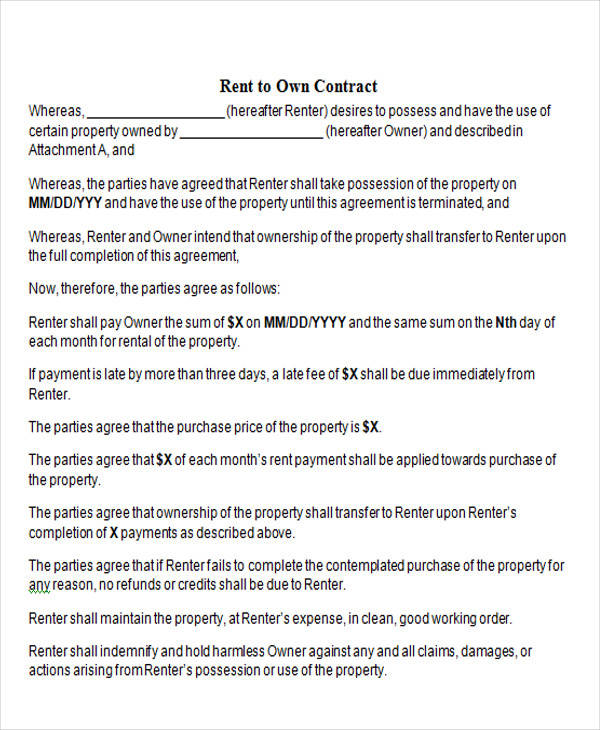 Printable Rent To Own Contract Template Printable Templates