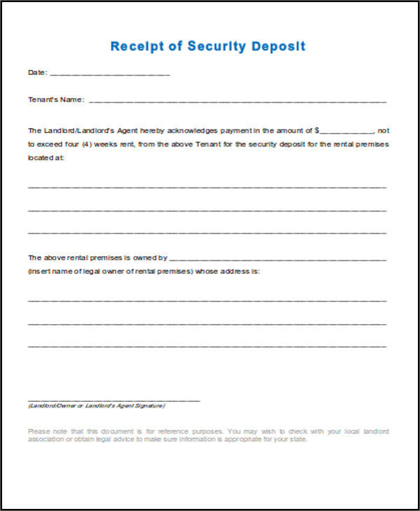 rental security deposit receipt form