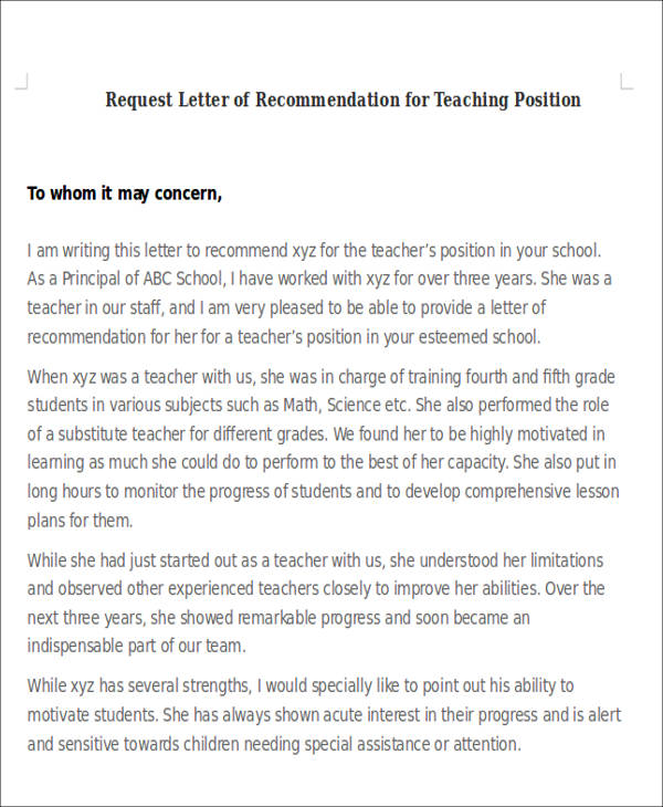 request letter of recommendation for teaching position