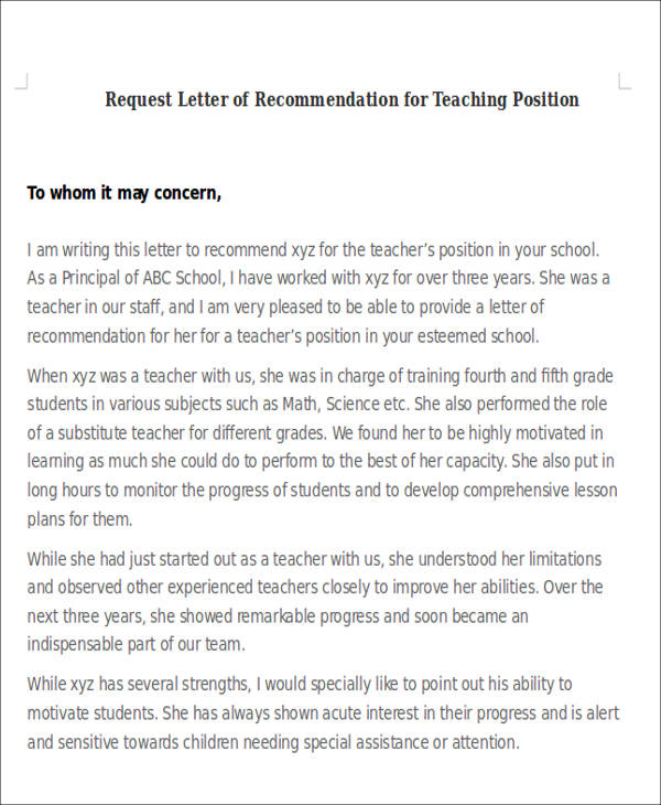 Free 4 Sample Letter Of Recommendation For Teaching Position In Ms Word Pdf 6566