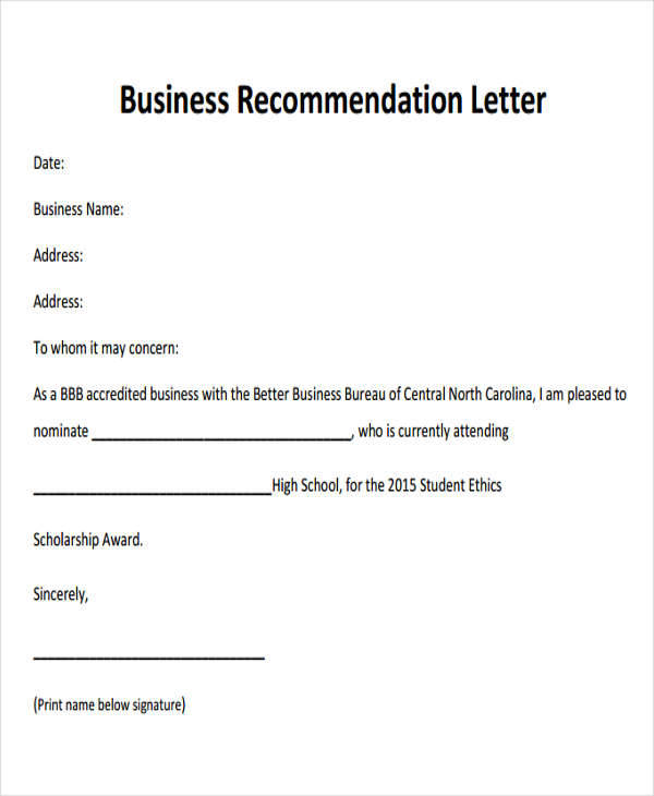 FREE 7+ Sample Business Recommendation Letter Templates in PDF | MS Word