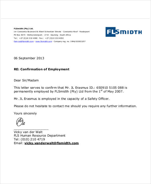 request for confirmation of employment letter