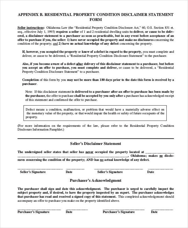 residential disclaimer statement form