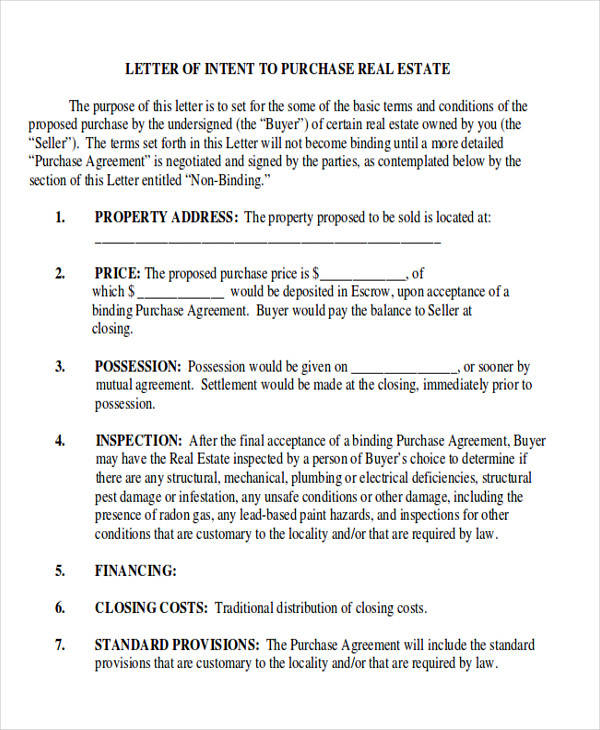residential real estate letter of intent