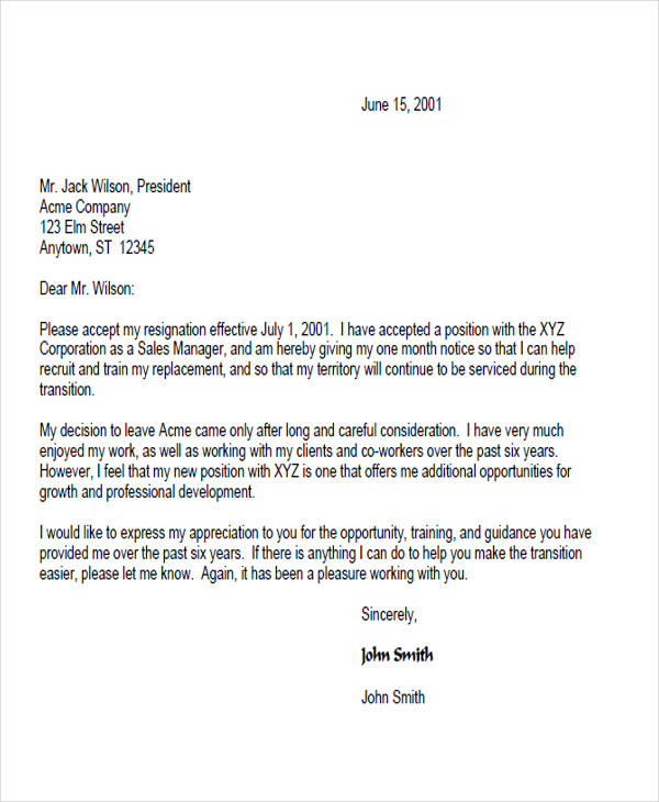 resignation cover letter
