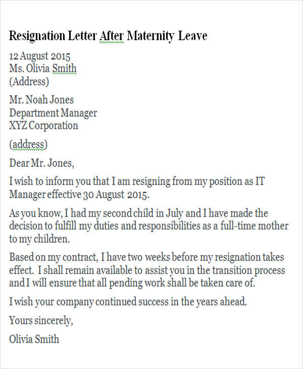 resignation letter after maternity leave